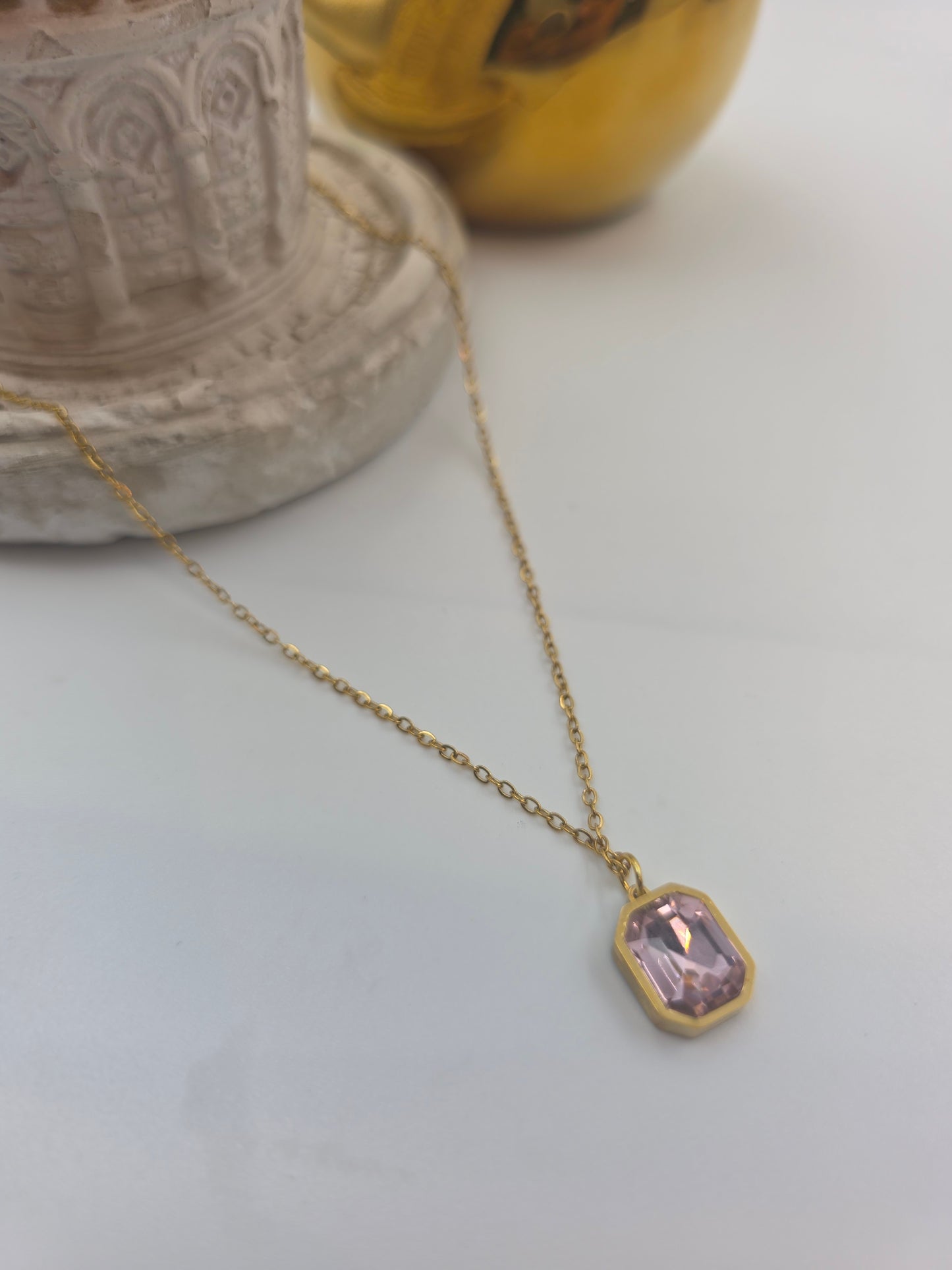 Emberstone Virelle Pink Octagon Emerald Pendant Necklace, Gold Stainless Steel