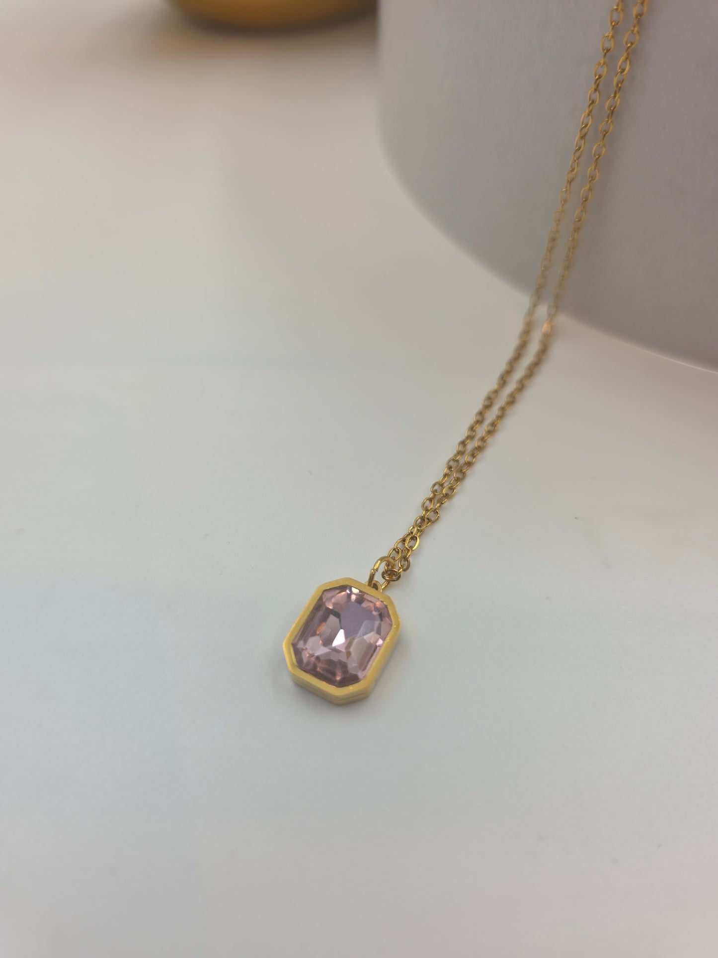 Emberstone Virelle Pink Octagon Emerald Pendant Necklace, Gold Stainless Steel
