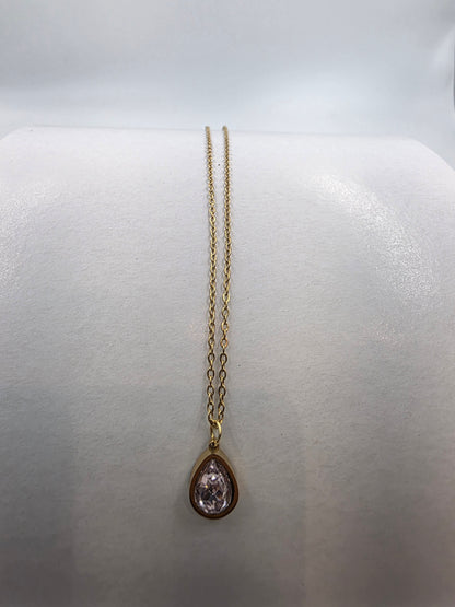 Emberstone Roselle Pink Crystal Teardrop Necklace, Gold Stainless Steel
