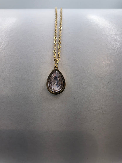 Emberstone Roselle Pink Crystal Teardrop Necklace, Gold Stainless Steel