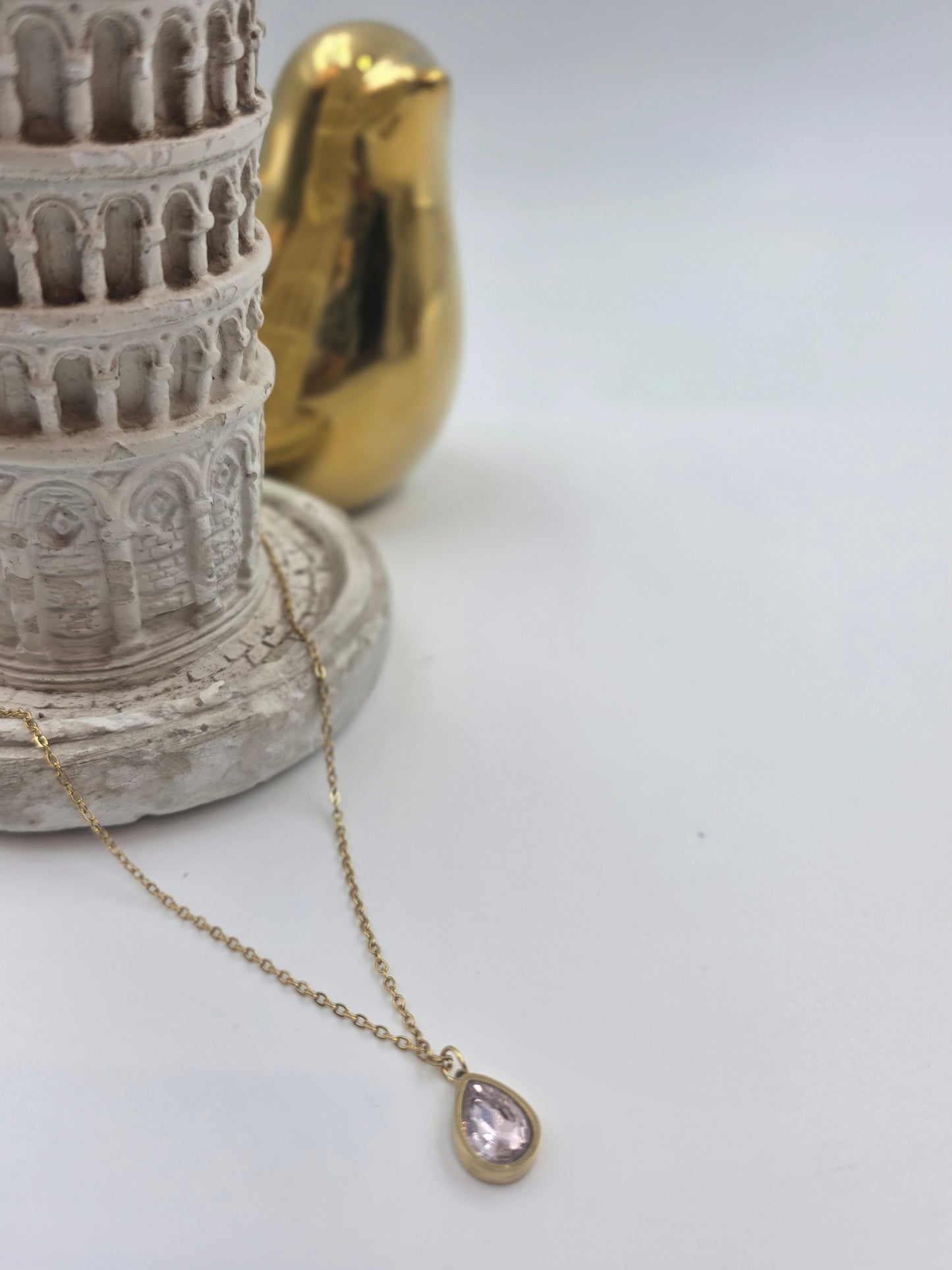 Emberstone Roselle Pink Crystal Teardrop Necklace, Gold Stainless Steel