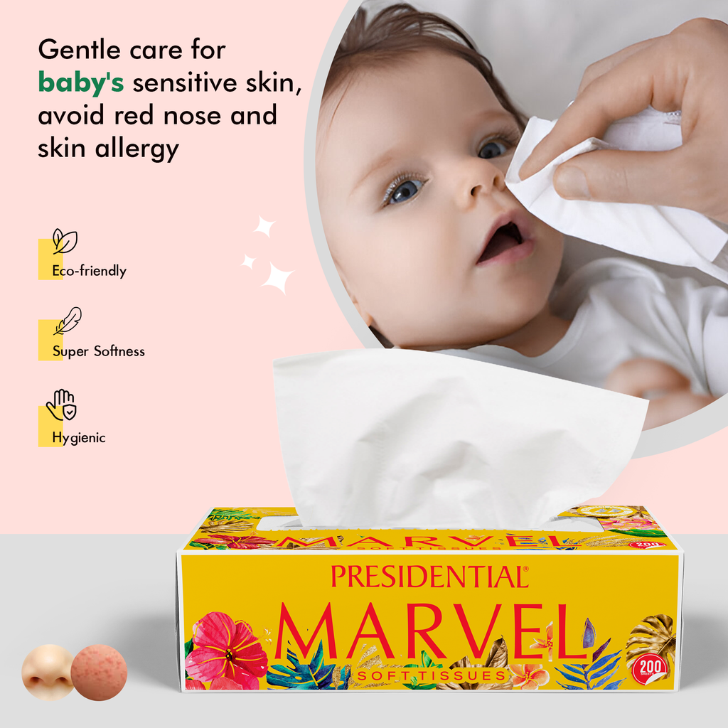 Gentle care for baby's sensitive skin with Presidential highly absorbent tissue box for comfort