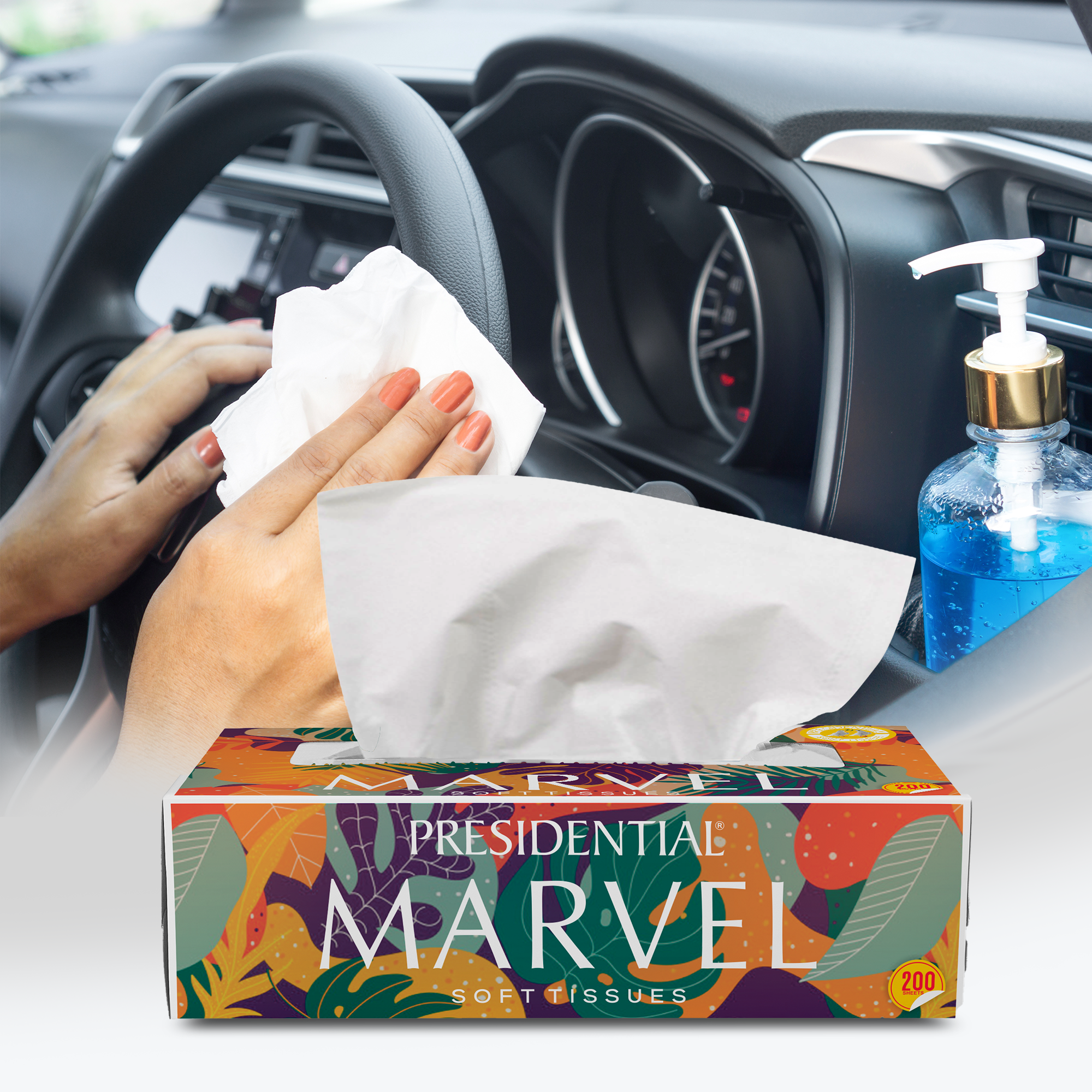 Presidential highly absorbent tissue box on car dashboard with a hand using a tissue
