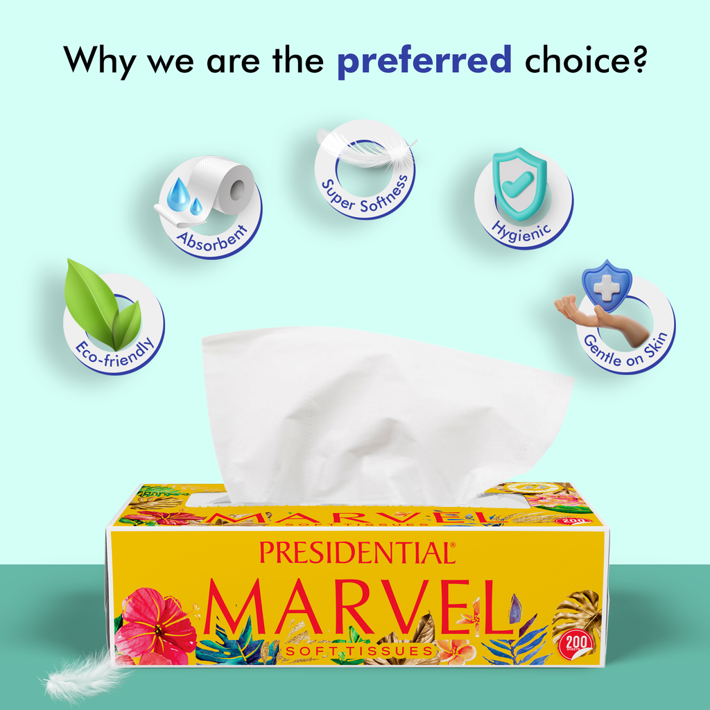 Presidential Marvel Soft Tissues in a colorful box showcasing highly absorbent tissue box features
