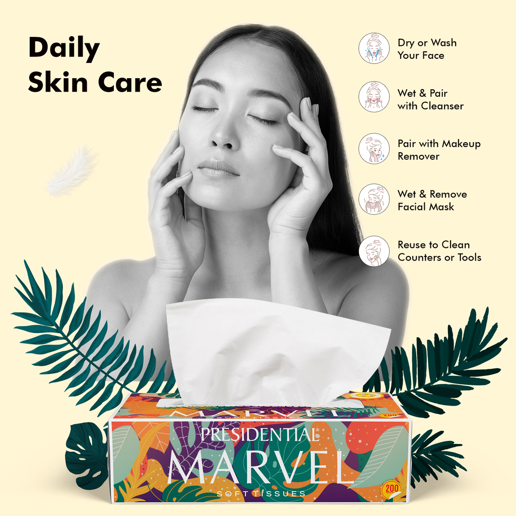 Presidential Tissues Marvel Soft Tissues box featuring highly absorbent tissue box for daily skincare routines