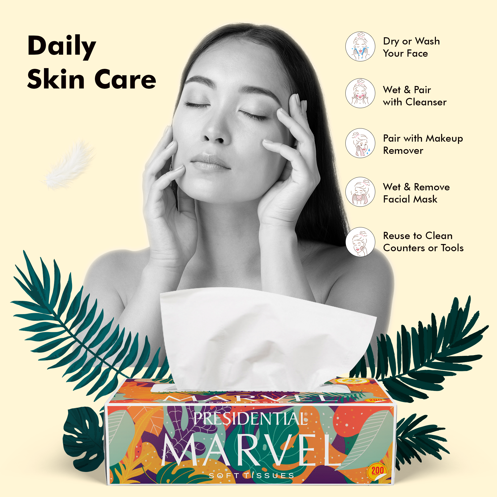 Presidential Tissues Marvel Soft Tissues box featuring highly absorbent tissue box for daily skincare routines