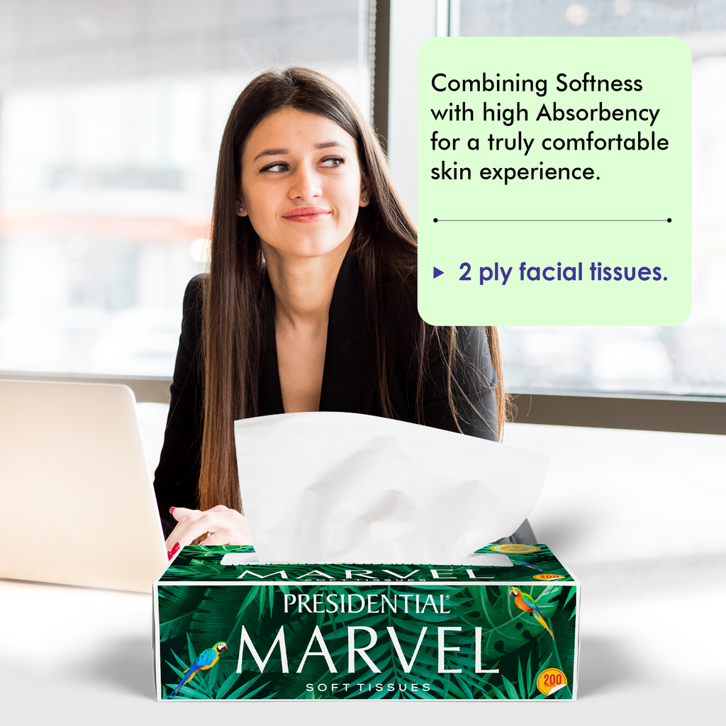 Presidential highly absorbent tissue box with soft tissues for comfortable skin use in a modern setting