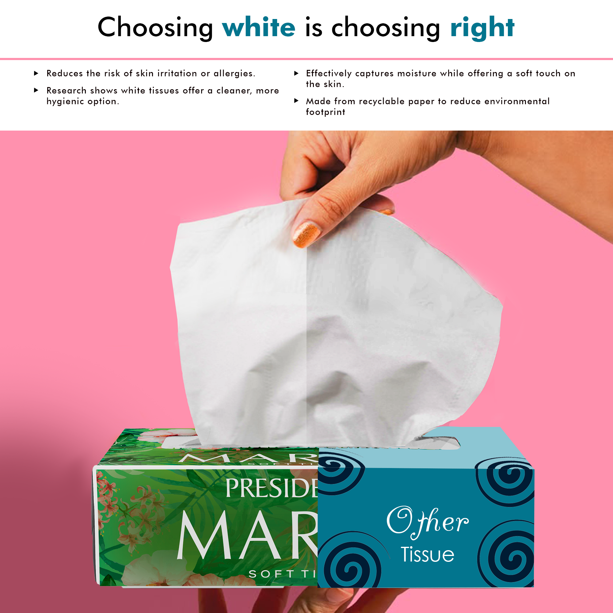 Presidential highly absorbent tissue box with soft white tissues for skin protection and moisture capture