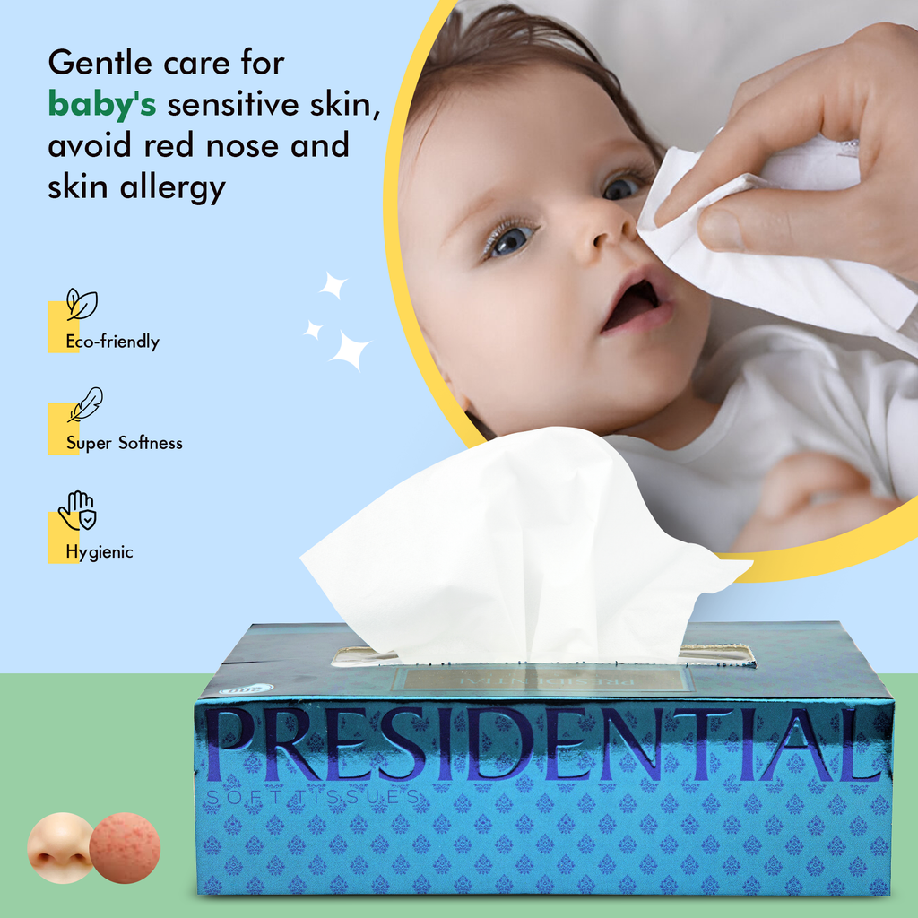 Presidential luxury 2-ply tissues in a stylish box for gentle care of baby's sensitive skin