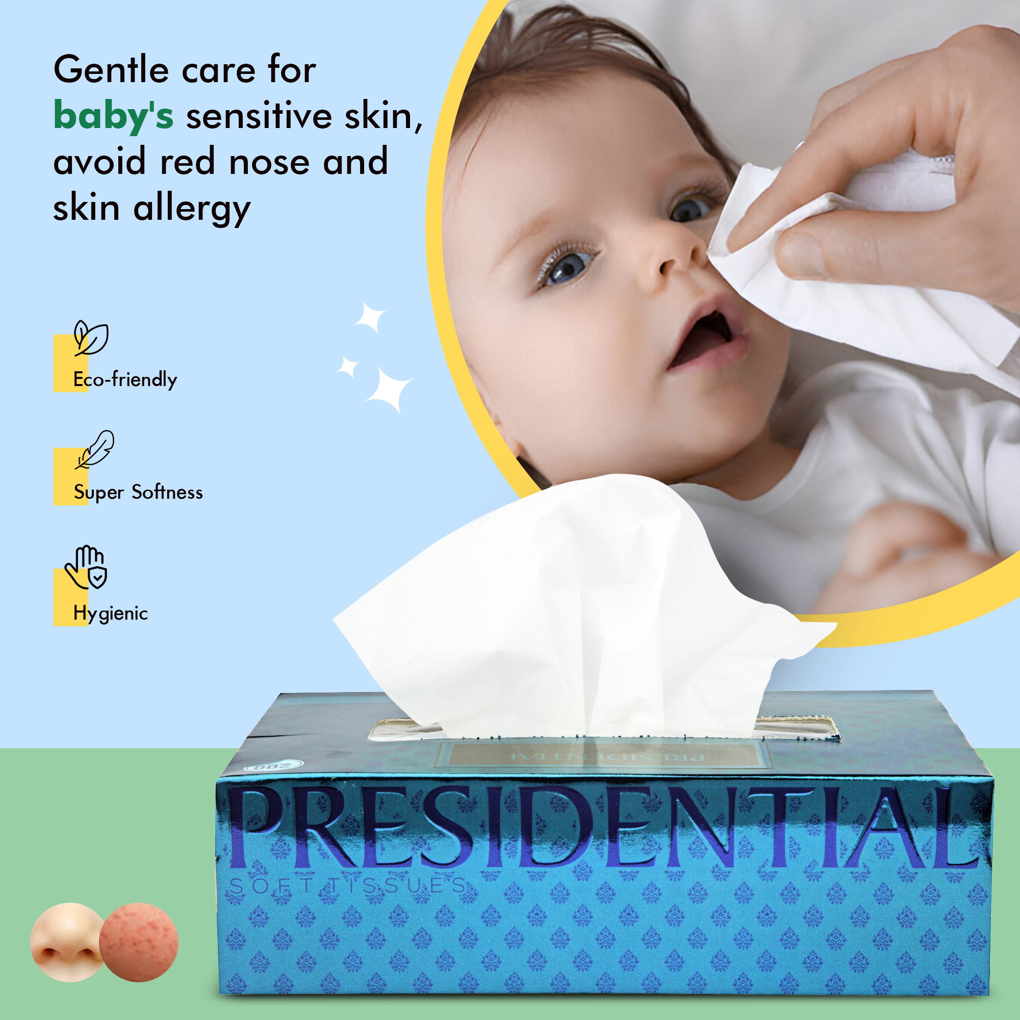 Presidential luxury 2-ply tissues in a stylish box for gentle care of baby's sensitive skin
