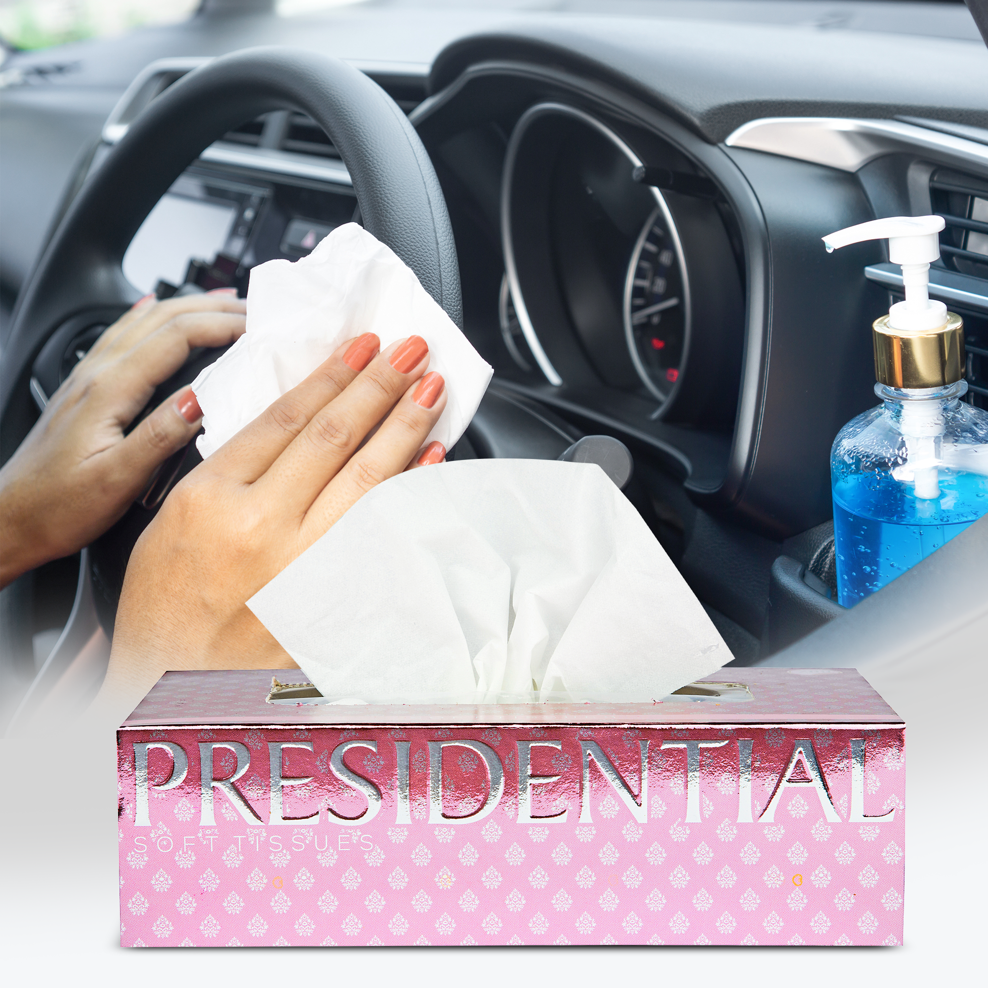 Presidential luxury 2-ply tissues in a stylish box, perfect for use in cars and on the go