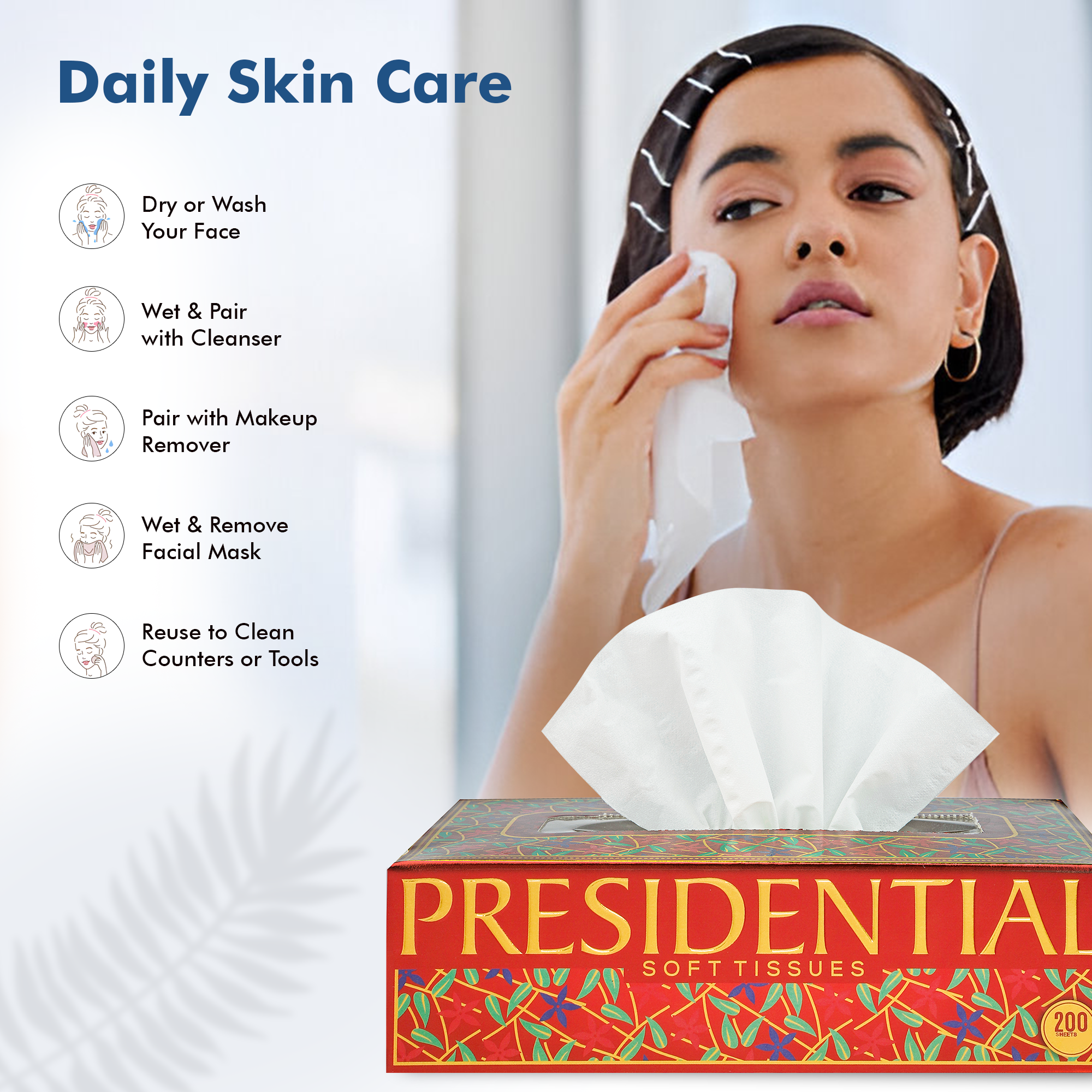 Presidential Luxury 2-ply tissues in a decorative box for daily skin care and makeup removal