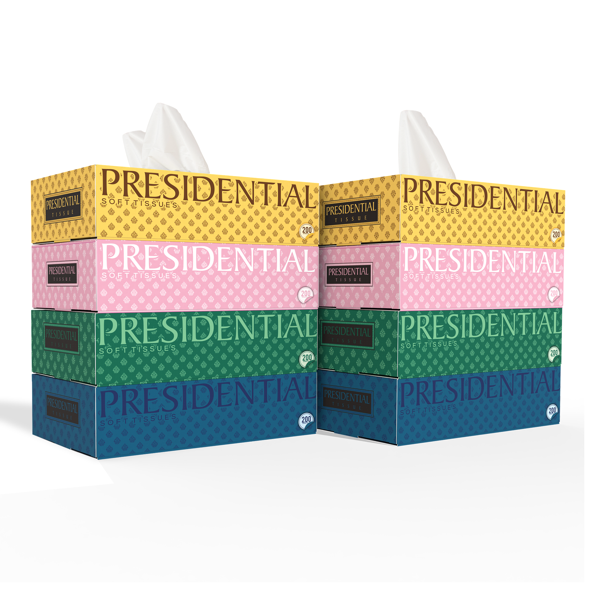 Presidential luxury 2-ply tissues in assorted colors stacked for elegant home decor