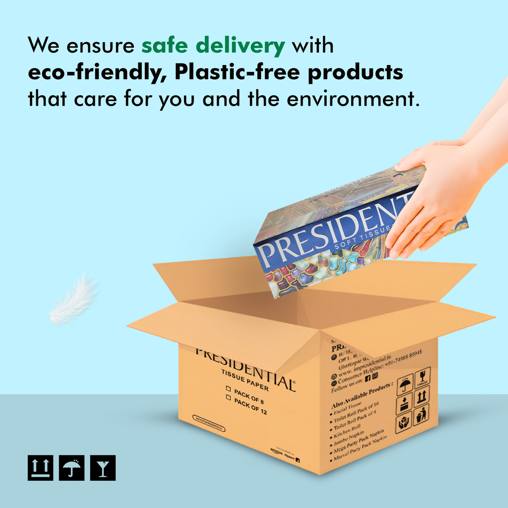 Presidential Luxury 2-ply tissues packaged in eco-friendly box for safe delivery and care