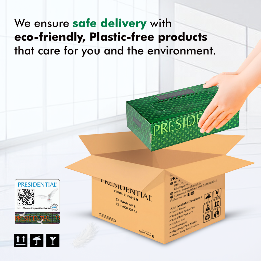 Presidential eco-friendly facial tissues in a box showcasing luxury 2-ply tissues for gentle care