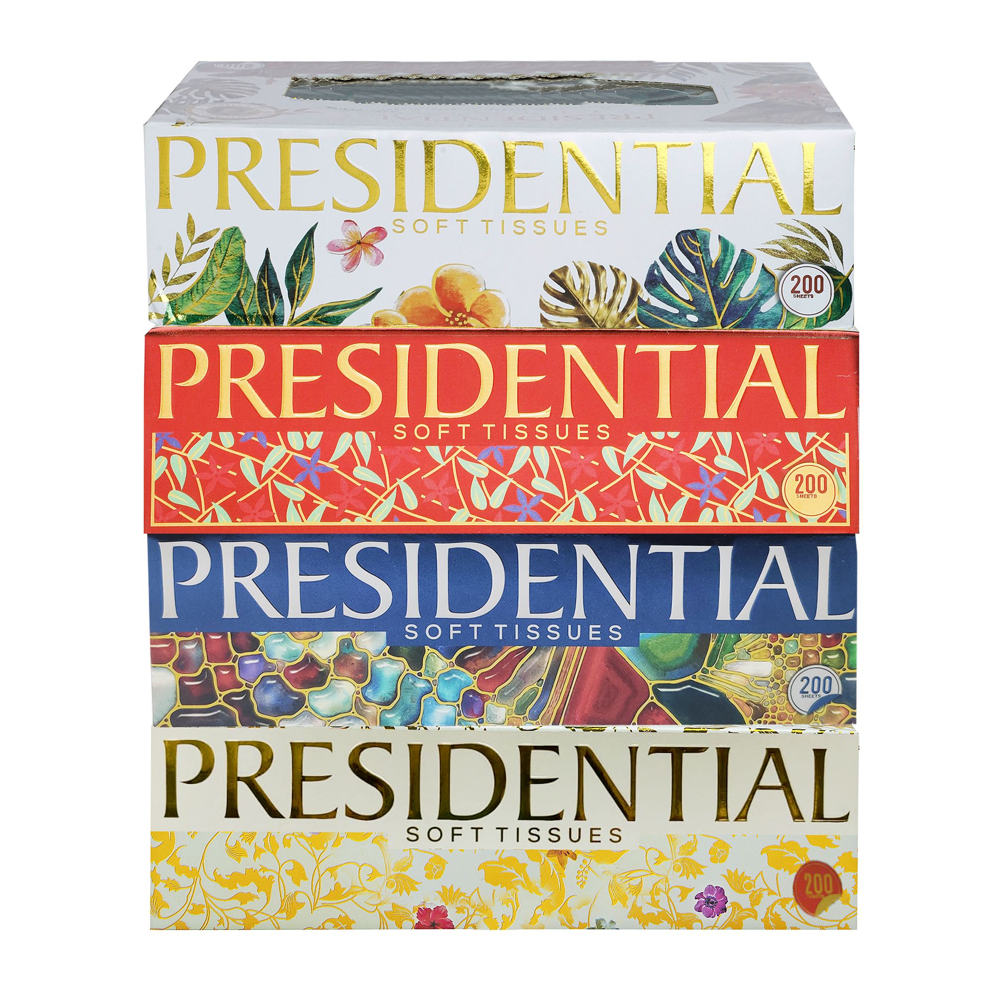 Assorted Presidential Luxury 2-ply tissues in colorful box designs for everyday use