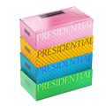 Four colorful boxes of Presidential luxury 2-ply tissues for elegant home or office use