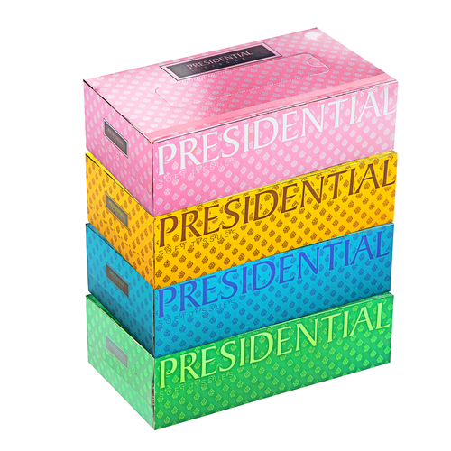 Four colorful boxes of Presidential luxury 2-ply tissues for elegant home or office use