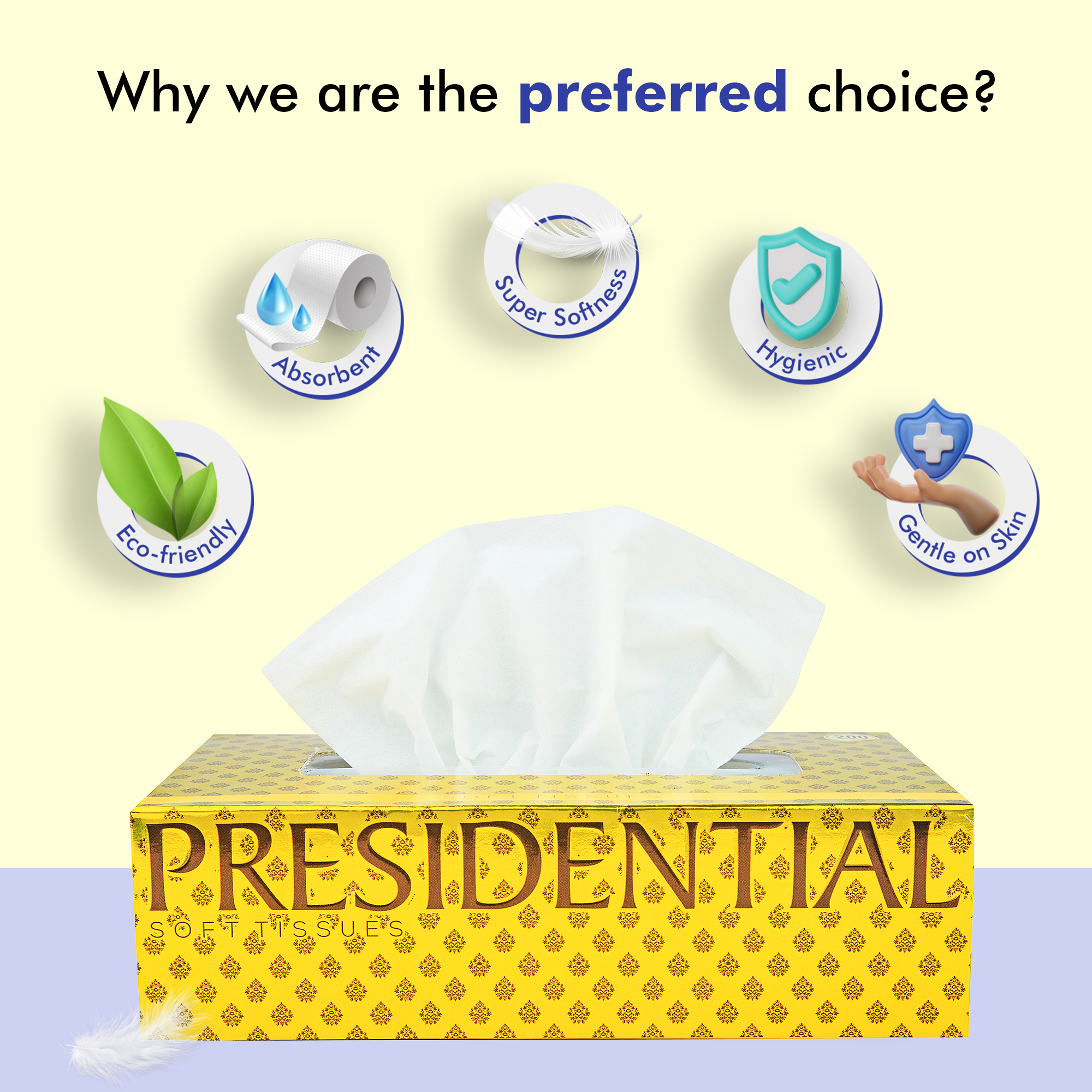Presidential luxury 2-ply tissues in a decorative box, promoting softness and absorbency