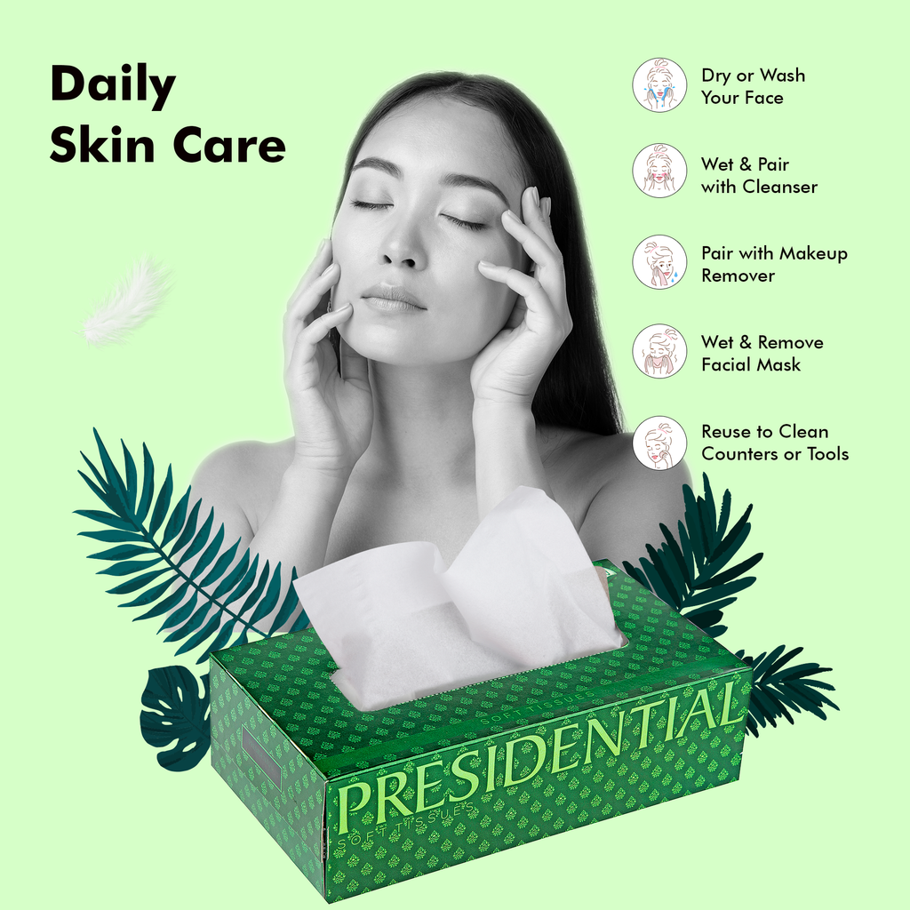 Presidential luxury 2-ply tissues box displayed with skincare routine tips for daily face care