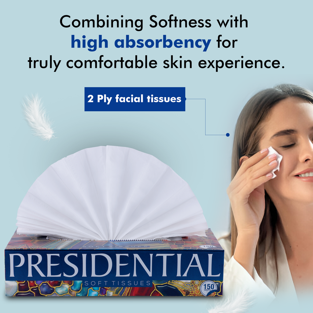 Presidential Luxury 2-ply tissues in a box designed for comfort and high absorbency for skincare