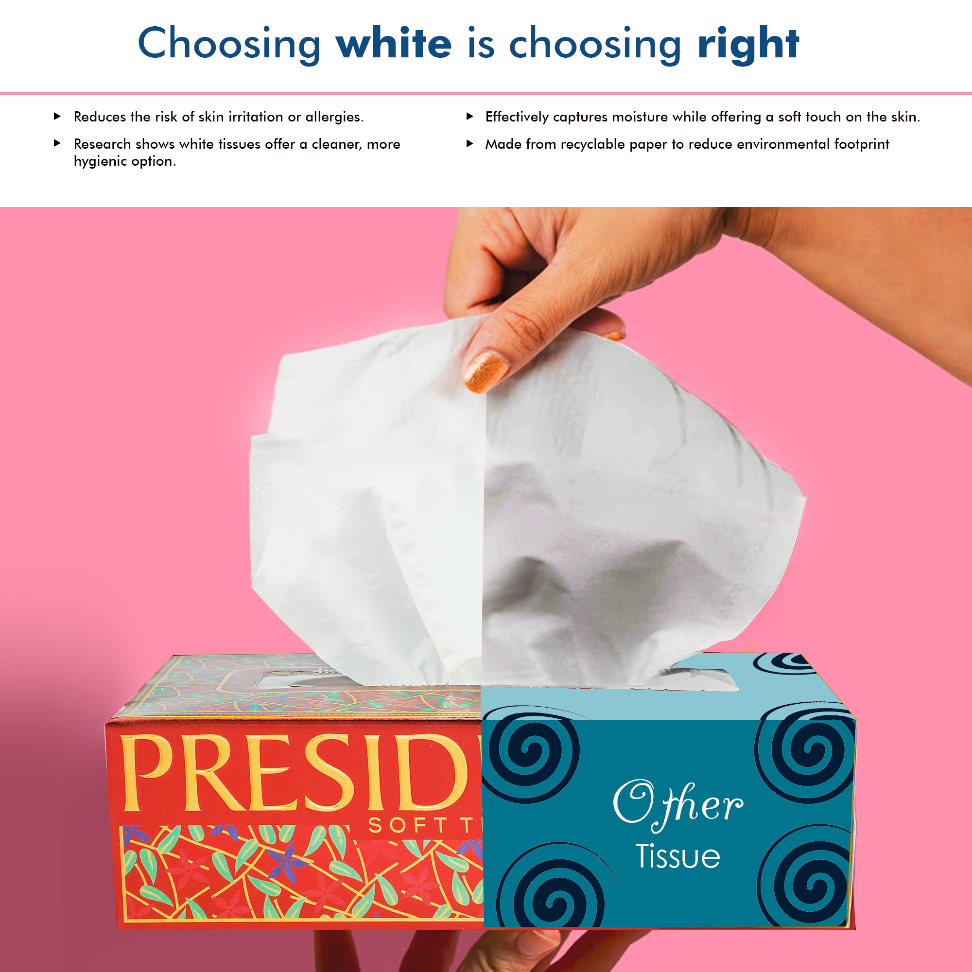Presidential Luxury 2-ply tissues box held by hand, promoting softness and moisture retention