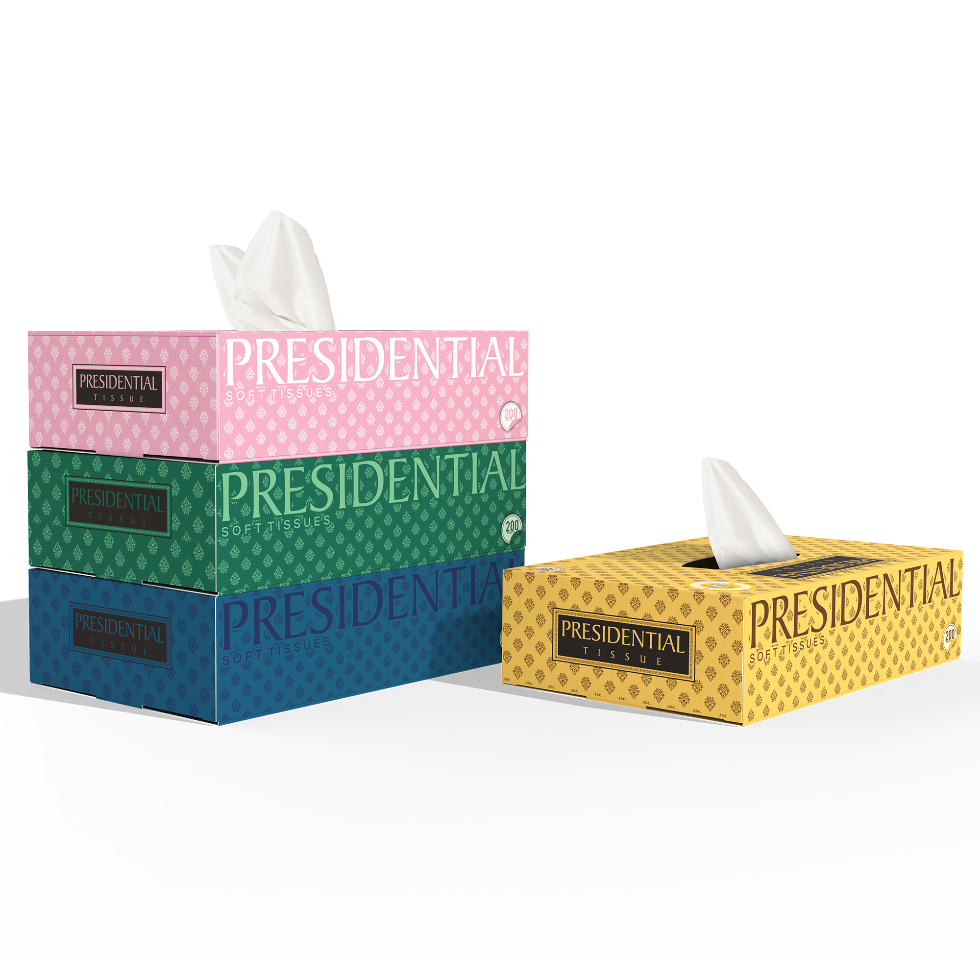 Presidential premium 2-ply tissues pack in various colors for soft and durable use