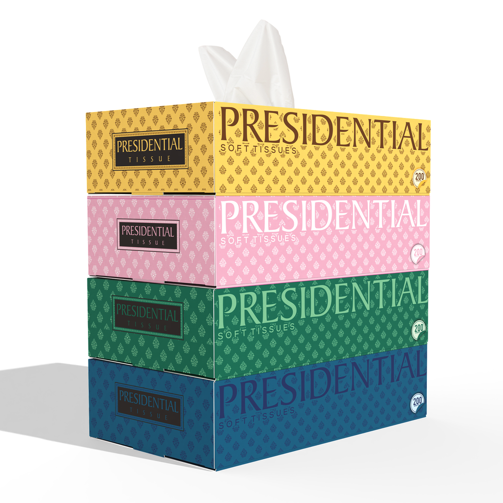 Stack of Presidential Tissues in assorted colors featuring premium 2-ply tissues pack for soft care