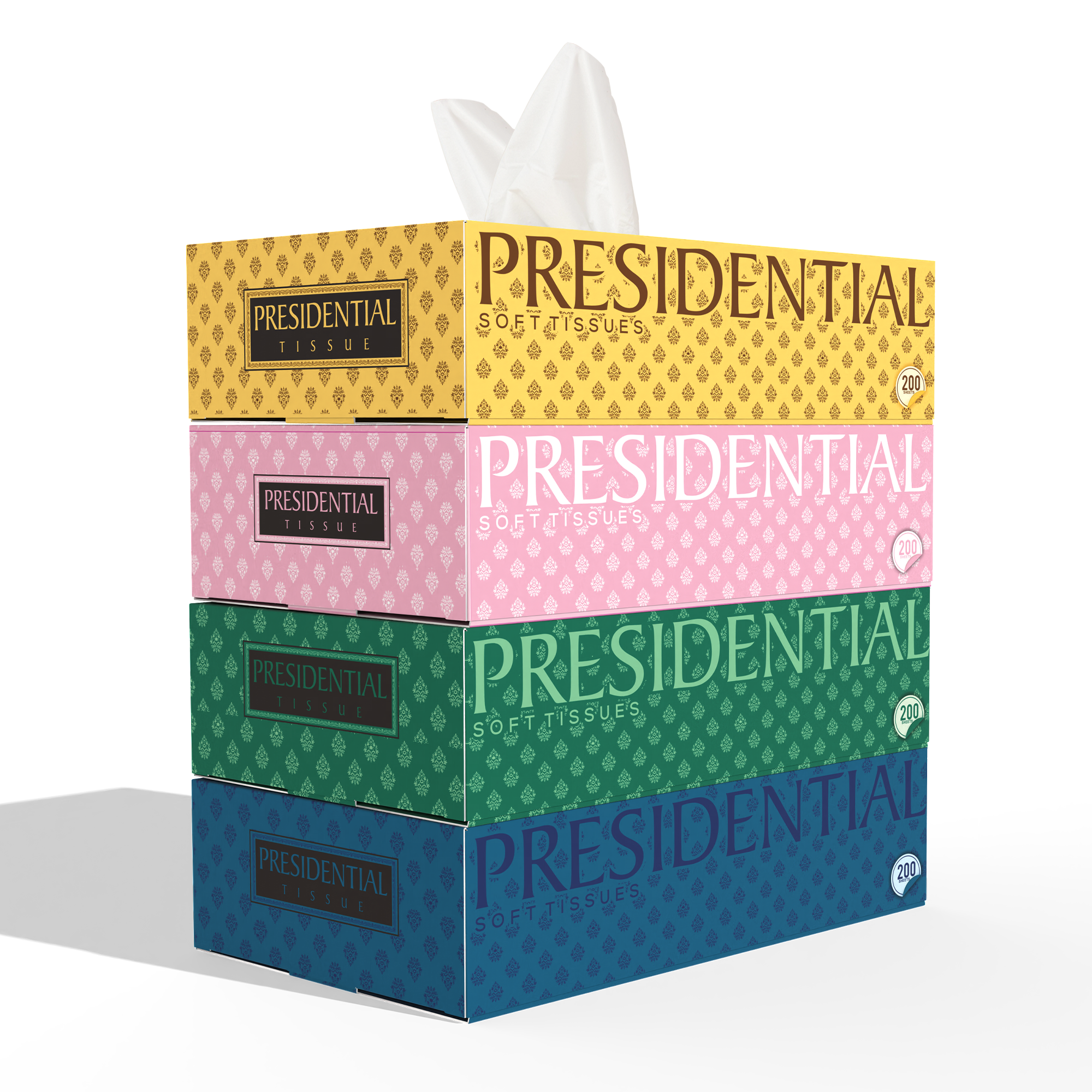 Stack of Presidential Tissues in assorted colors featuring premium 2-ply tissues pack for soft care