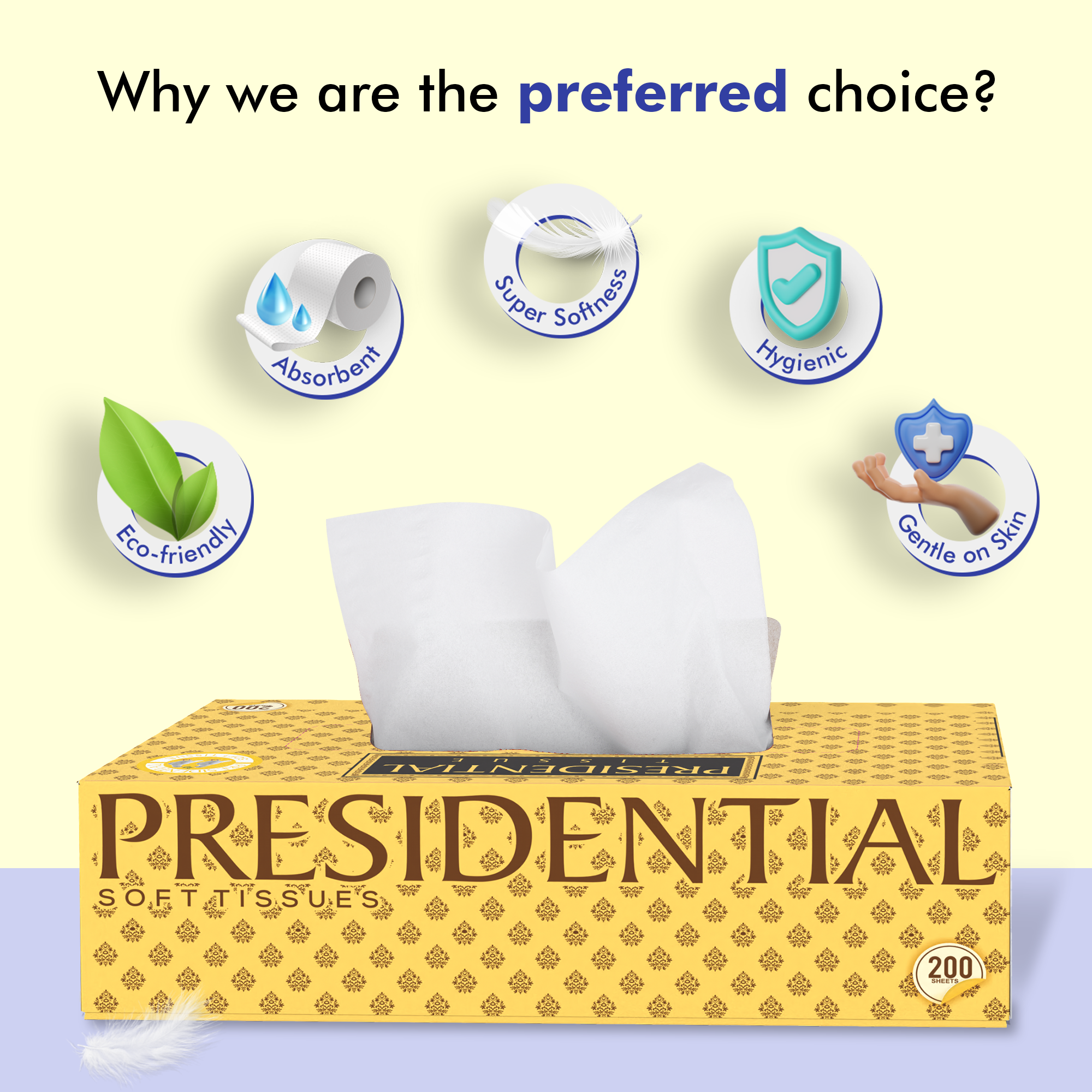 Presidential premium 2-ply tissues pack in a decorative box with features like softness and absorbency