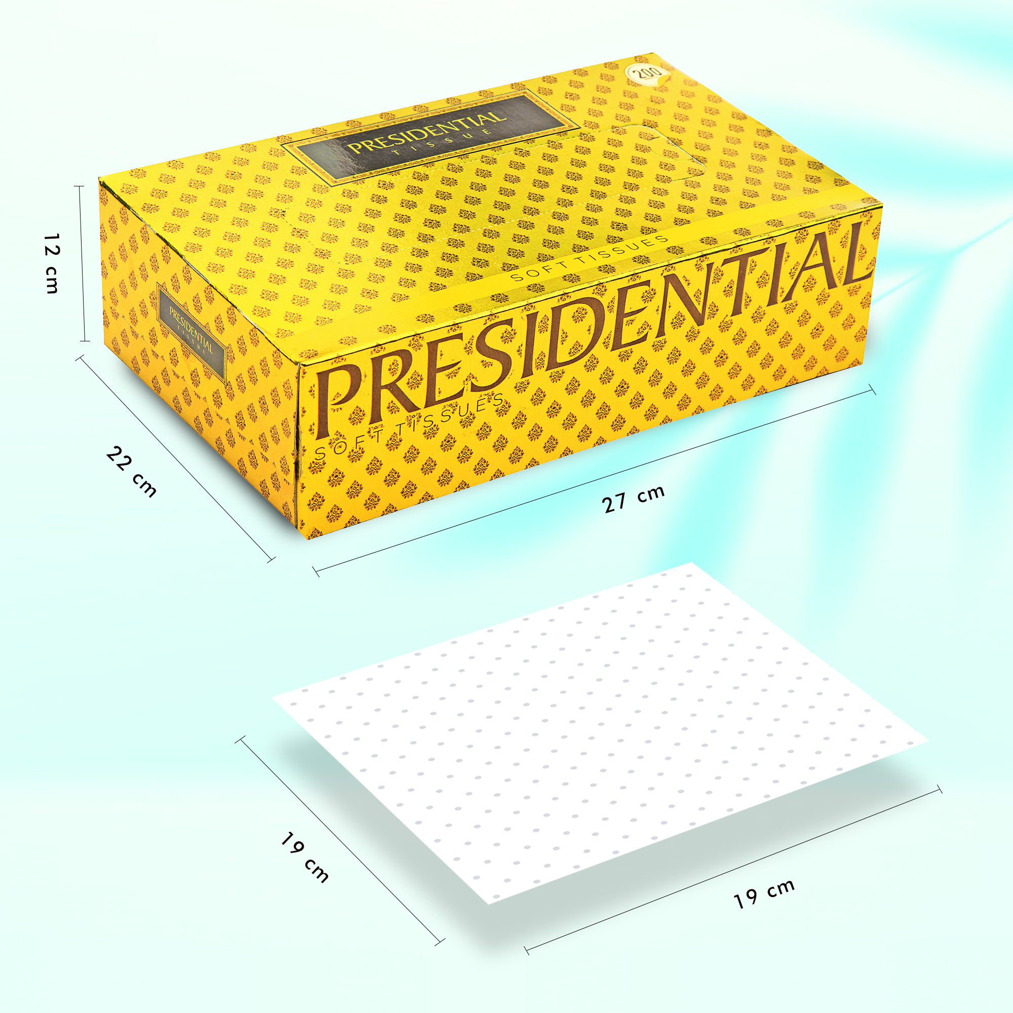 Premium 2-ply tissues pack by Presidential Tissues with elegant yellow box design