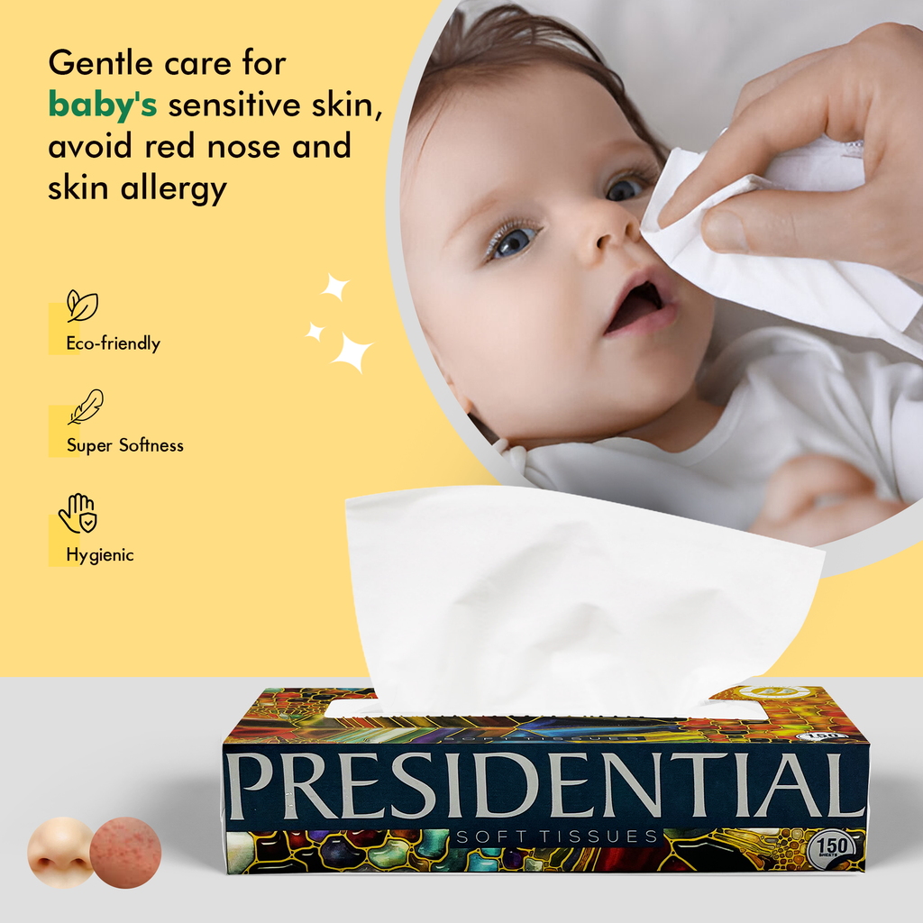Presidential soft absorbent tissues in a box, ideal for gentle care of baby's sensitive skin