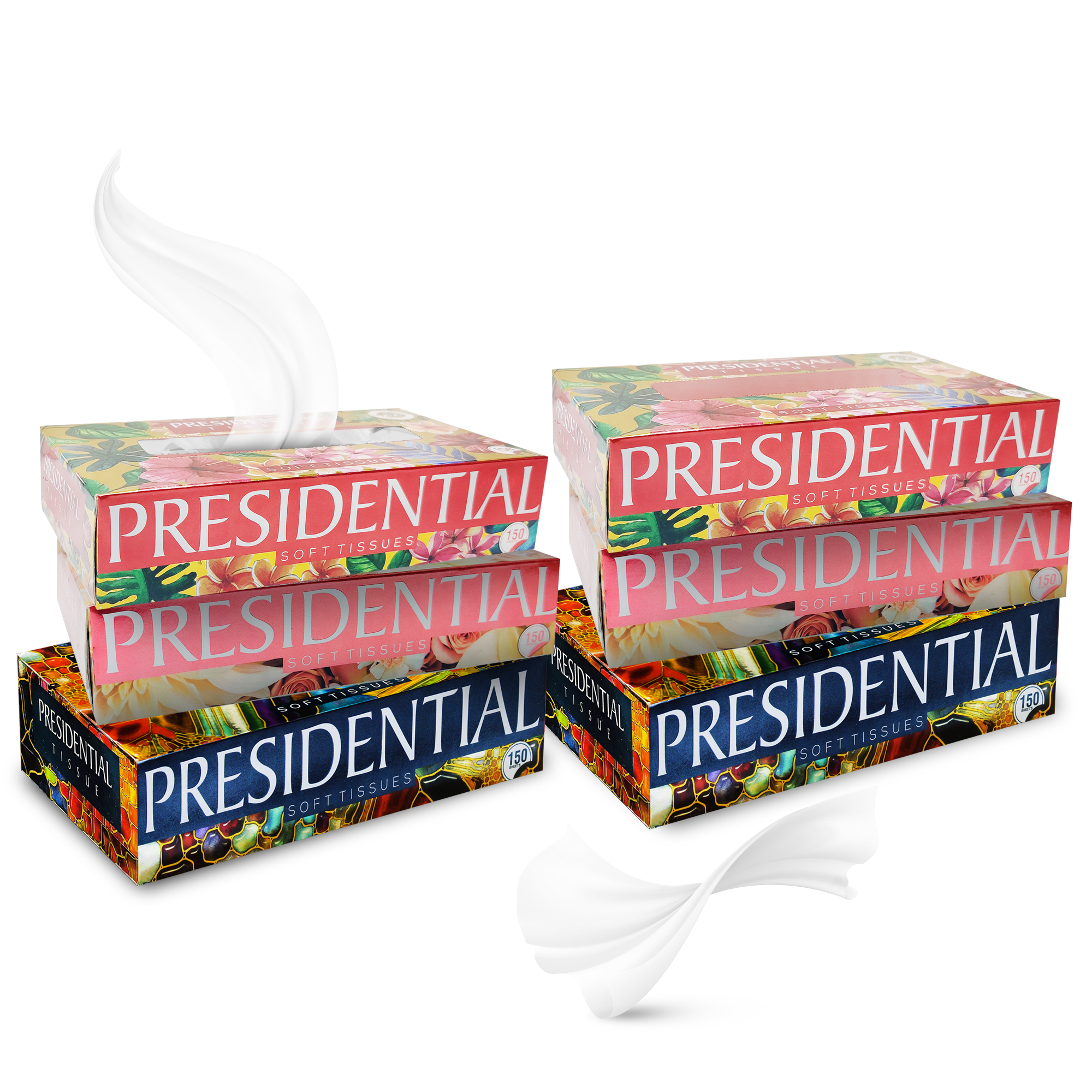 Presidential soft absorbent tissues in colorful boxes, ideal for everyday use and personal care