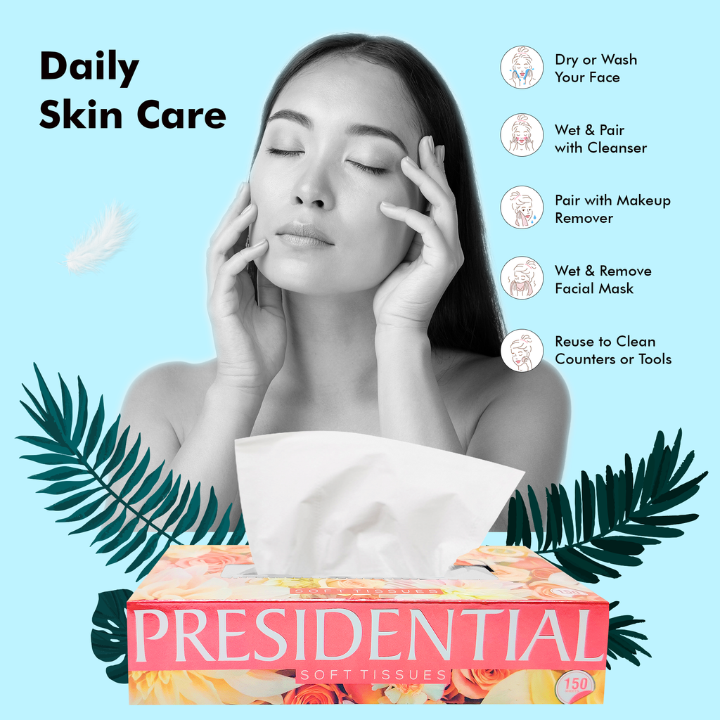 Presidential Facial Tissues in a floral box, featuring soft absorbent tissues for daily skin care routines