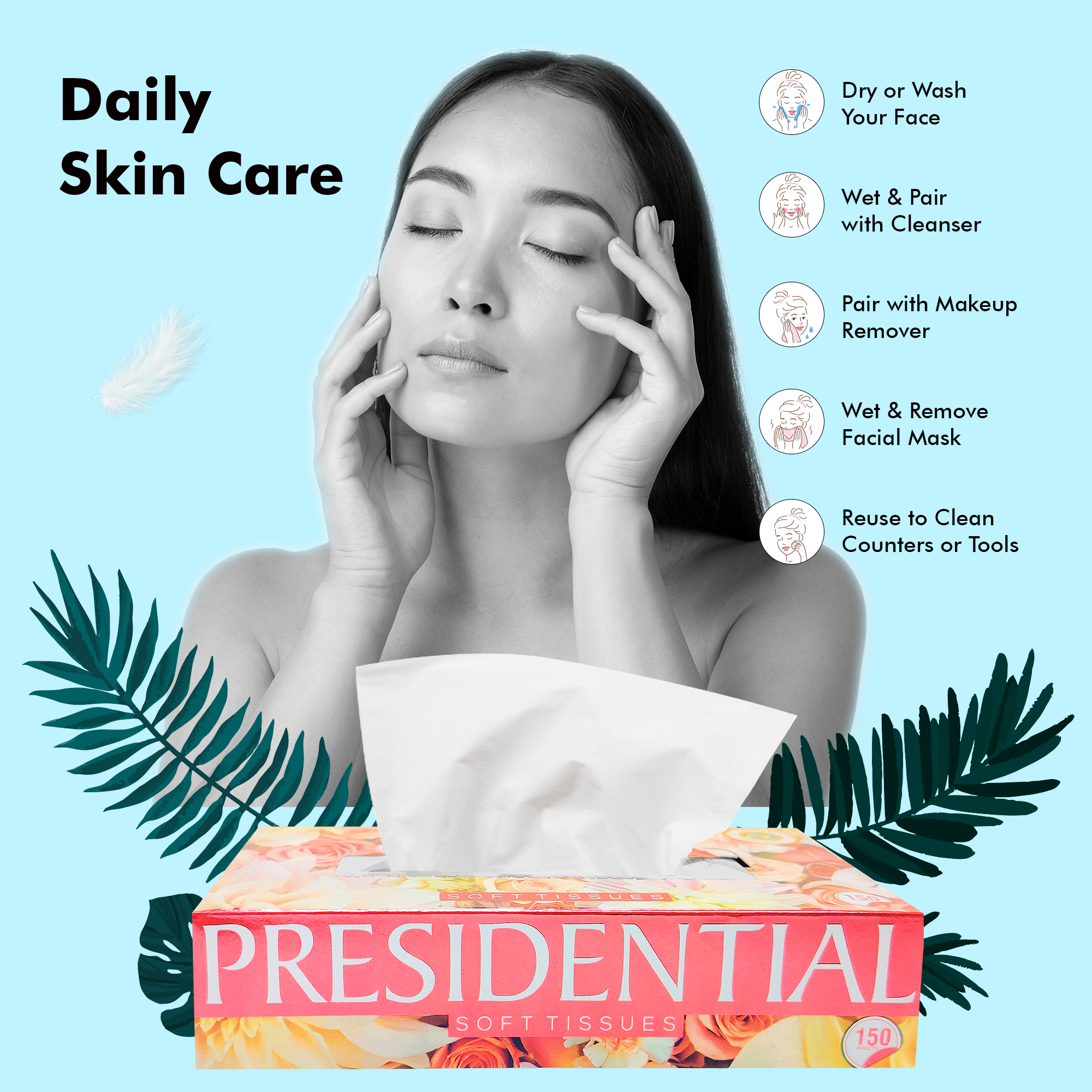 Presidential Facial Tissues in a floral box, featuring soft absorbent tissues for daily skin care routines