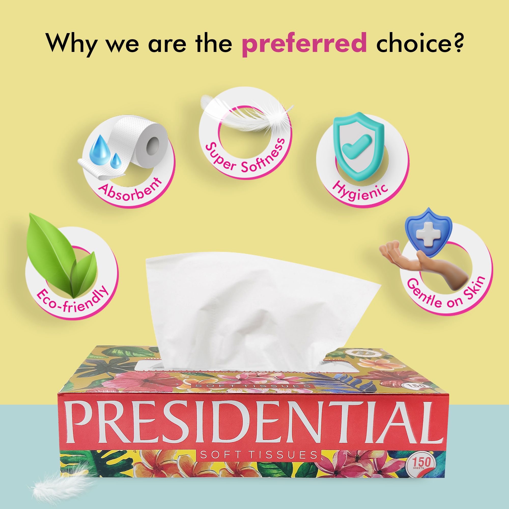 Presidential Facial Tissues in a floral box, featuring soft absorbent tissues for gentle care