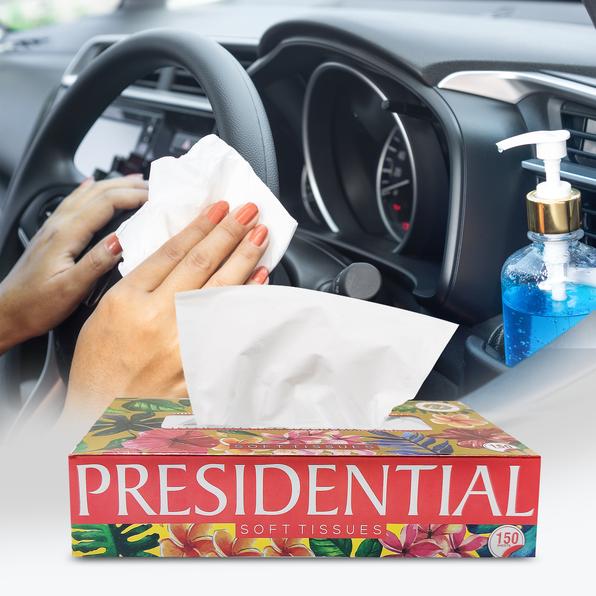 Presidential soft absorbent tissues in a colorful box, perfect for cleaning surfaces in your car